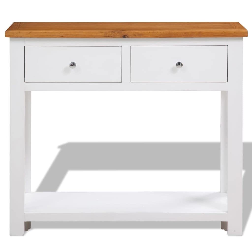 Solid Oak Wood Console Table with Two Drawers and Shelf F57383