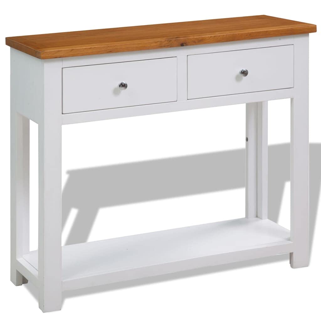 Solid Oak Wood Console Table with Two Drawers and Shelf F57383