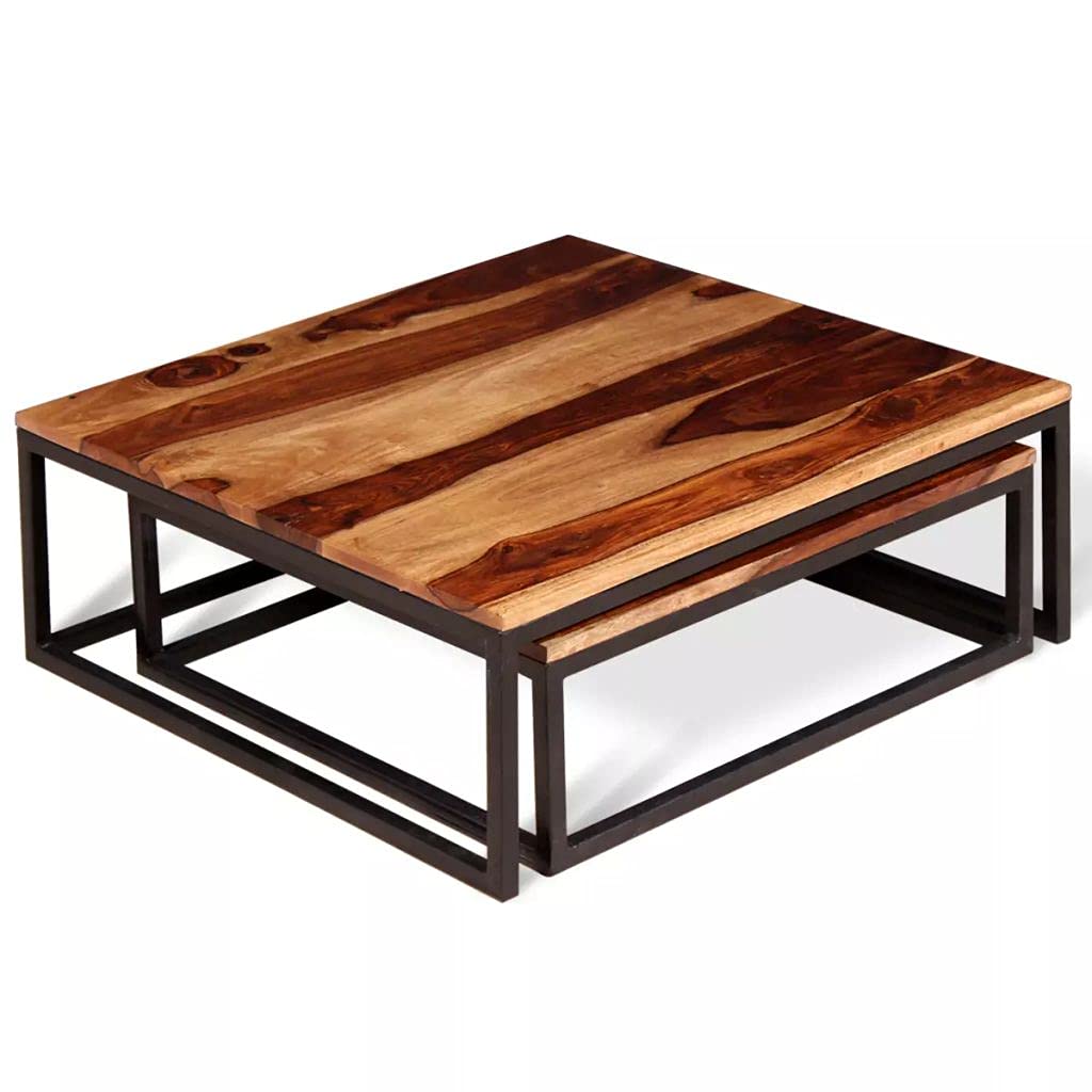 Solid Sheesham Wood Nesting Coffee Table Set with Metal Frame E8587
