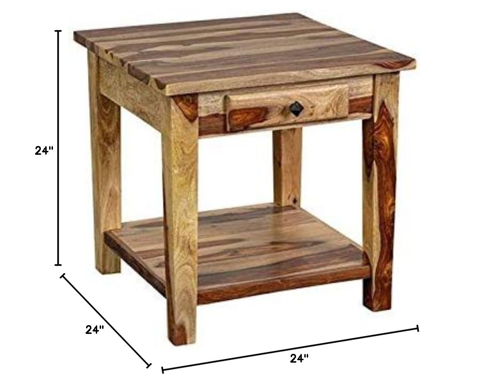 Solid Sheesham Wood End Table with Drawer V8364
