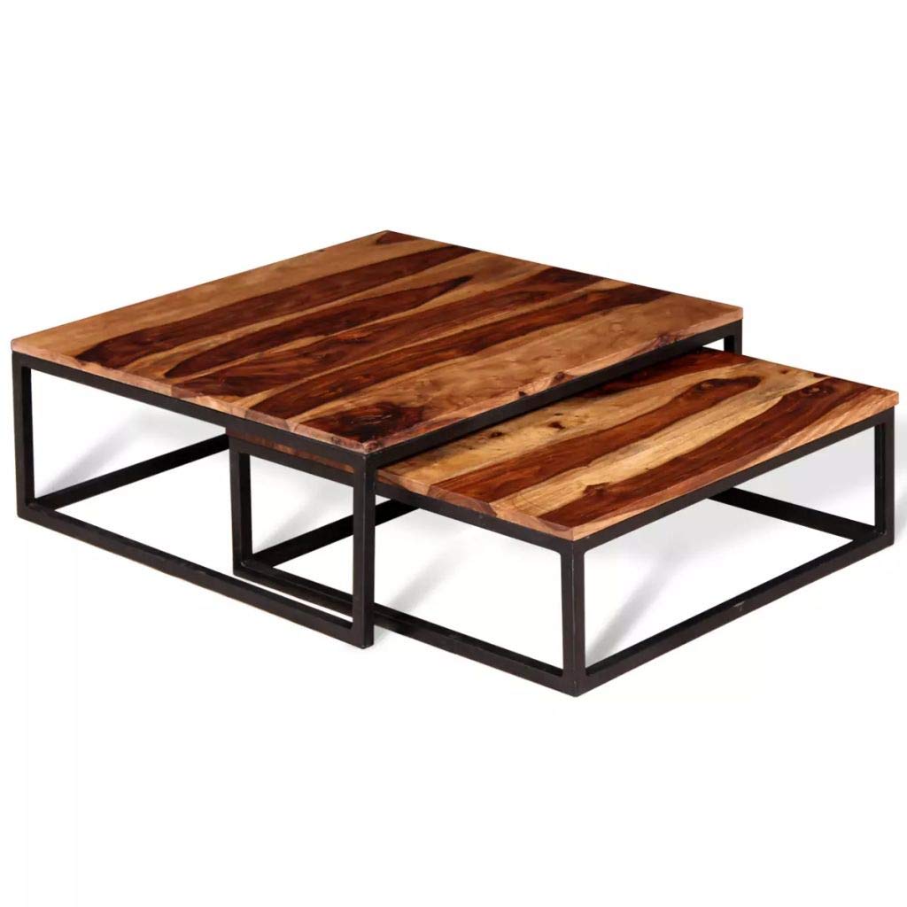 Solid Sheesham Wood Nesting Coffee Table Set with Metal Frame E8587
