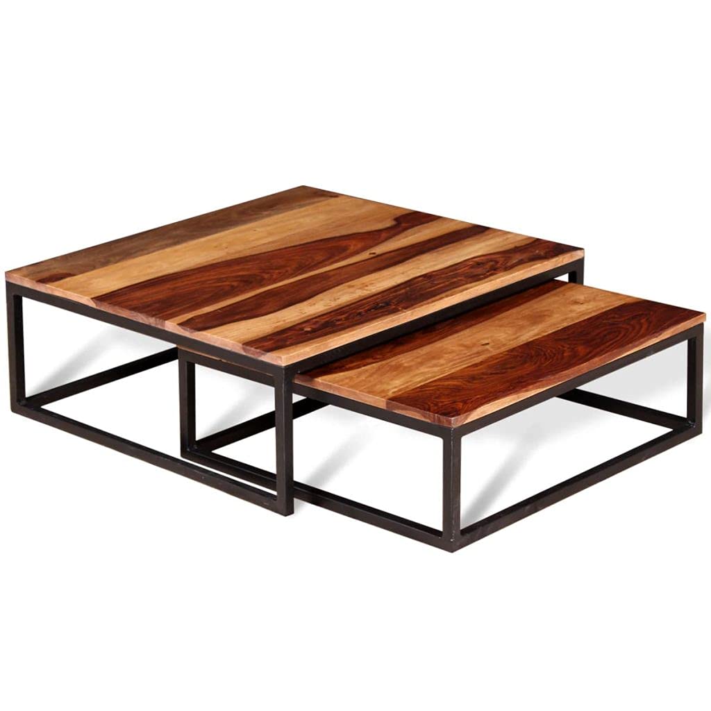 Solid Sheesham Wood Nesting Coffee Table Set with Metal Frame E8587