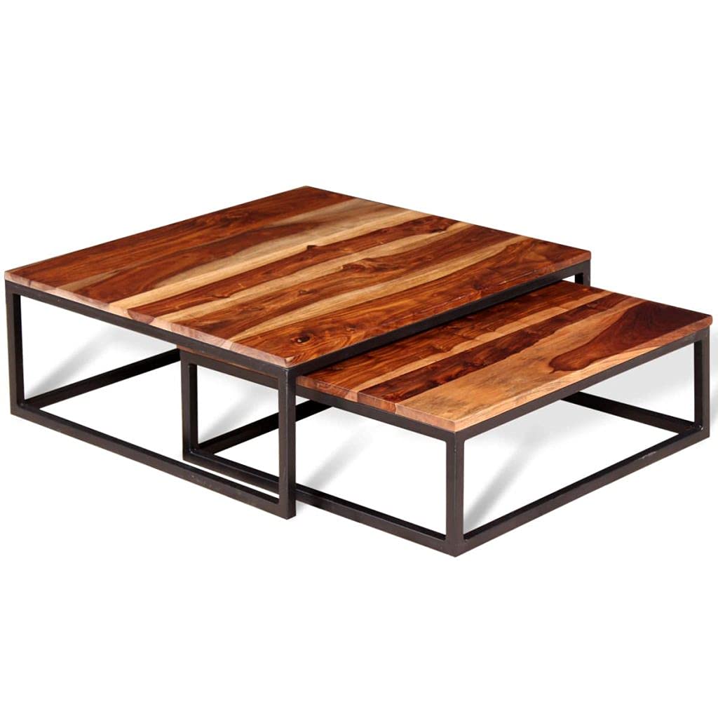 Solid Sheesham Wood Nesting Coffee Table Set with Metal Frame E8587