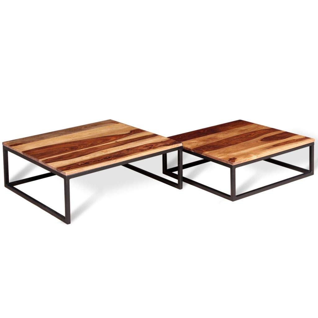 Solid Sheesham Wood Nesting Coffee Table Set with Metal Frame E8587