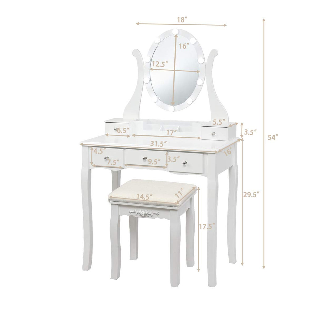 White Makeup Vanity Table with Lighted Mirror and Stool T5990