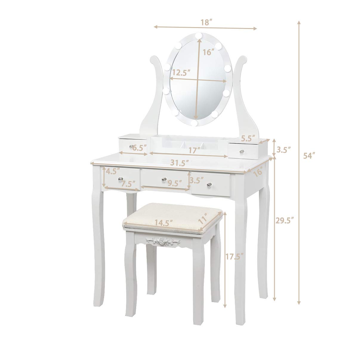 White Makeup Vanity Table with Lighted Mirror and Stool T5990
