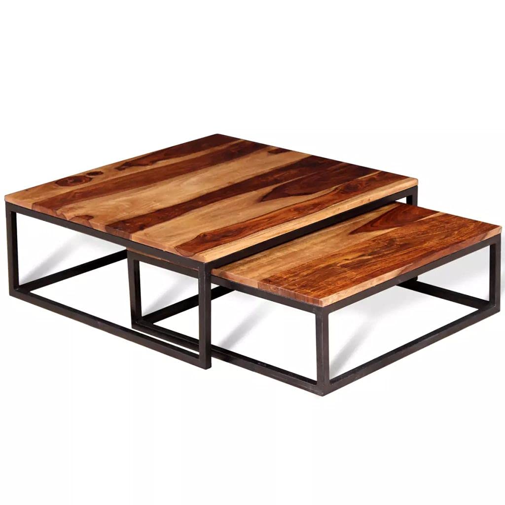 Solid Sheesham Wood Nesting Coffee Table Set with Metal Frame E8587