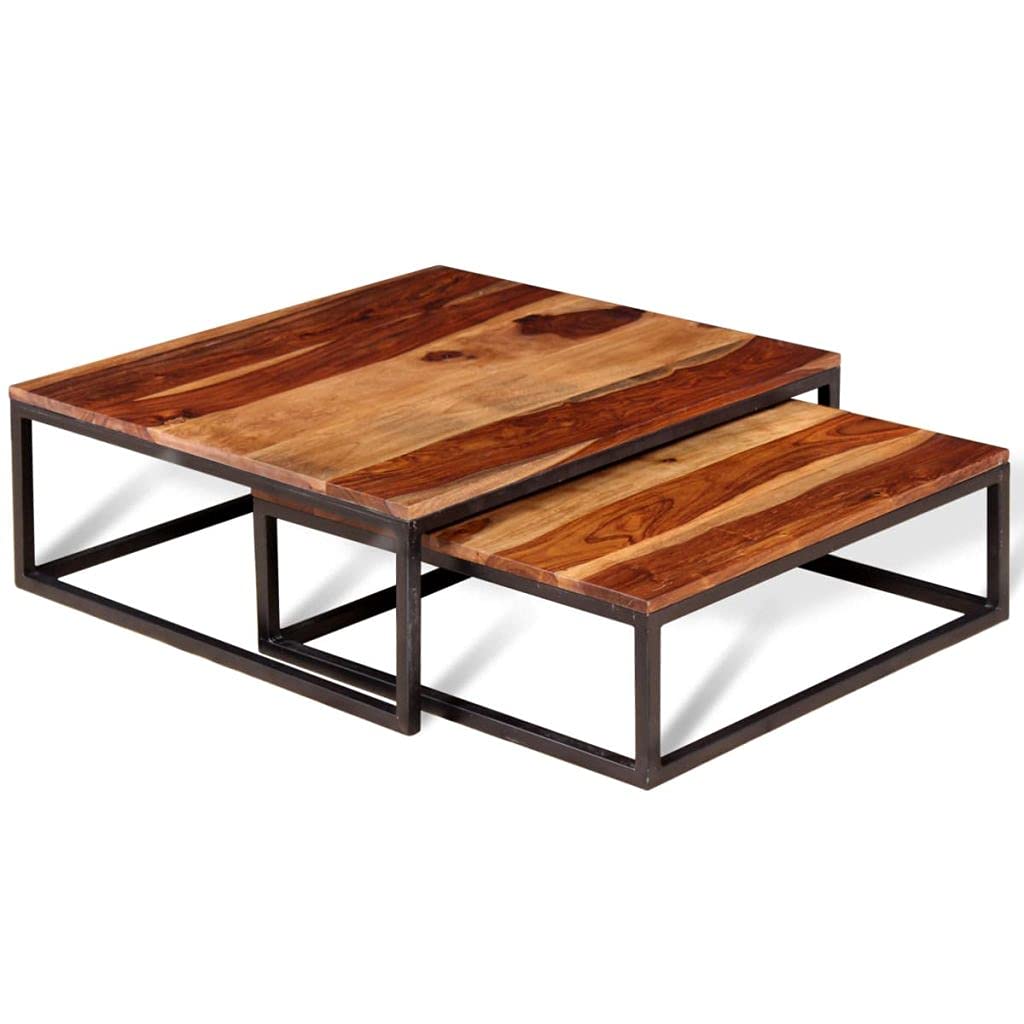 Solid Sheesham Wood Nesting Coffee Table Set with Metal Frame E8587