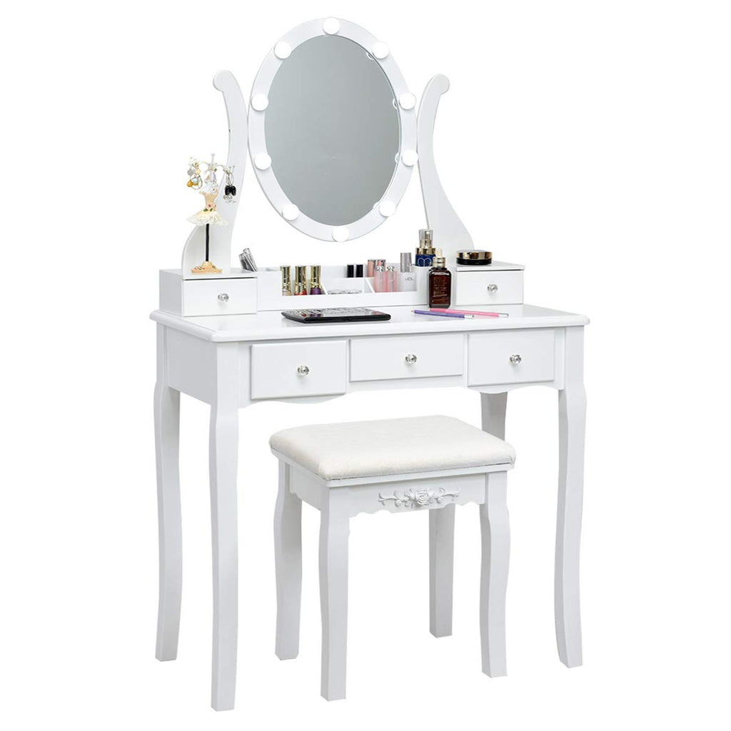 White Makeup Vanity Table with Lighted Mirror and Stool T5990