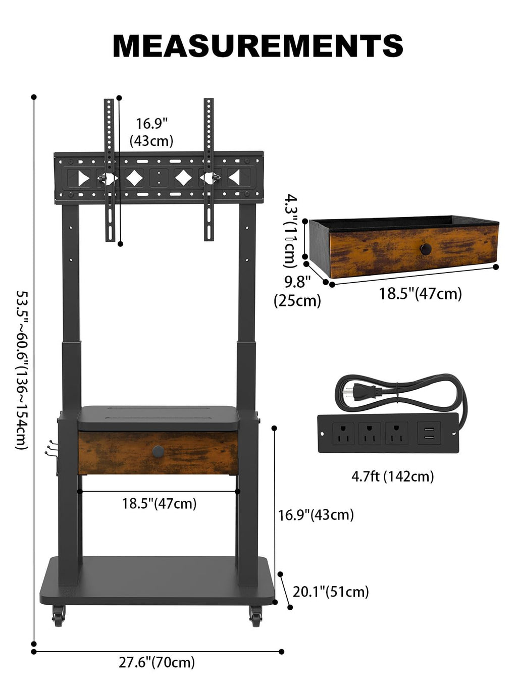 Rolling TV Stand with Power Outlet and Fabric Drawer for 32-75 Inch Flat/Curved Screen Z46842
