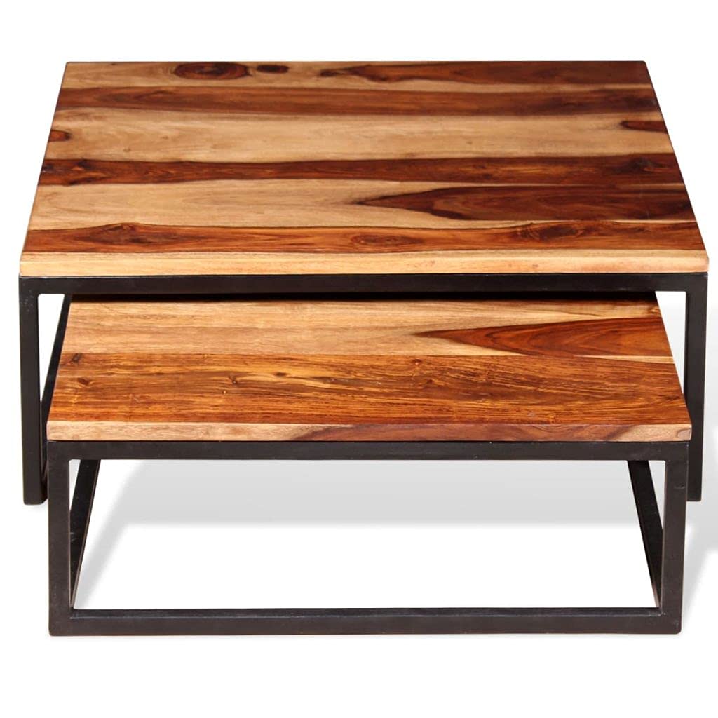 Solid Sheesham Wood Nesting Coffee Table Set with Metal Frame E8587