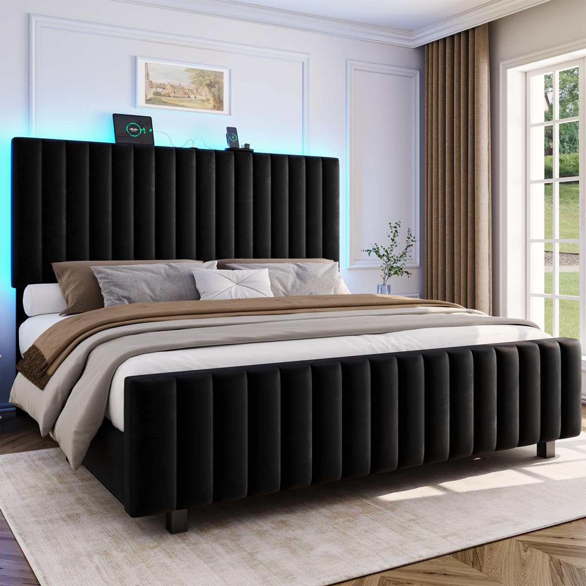 Queen Size Velvet Upholstered Platform Bed Frame with Adjustable Headboard K7926