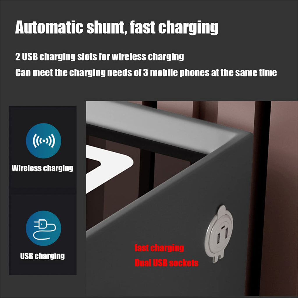 Wooden Nightstand with Wireless Charging Station, USB Port, LED Lights and Fingerprint Lock Drawers I65861