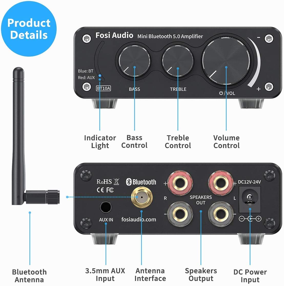 Bluetooth 5.0 Stereo Audio Amplifier Receiver 2 Channel Class D Mini Hi-Fi Integrated Amp 50W x 2 V980937