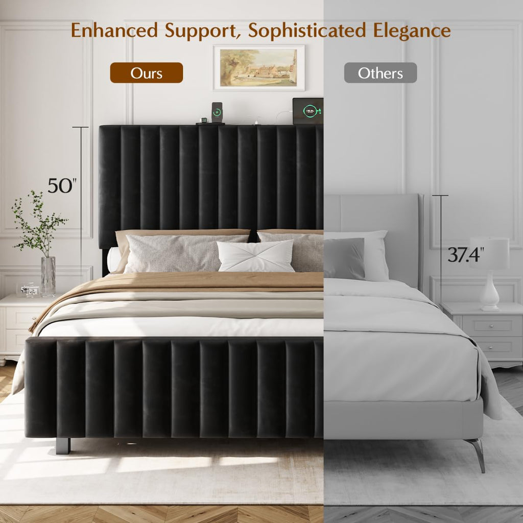 Queen Size Velvet Upholstered Platform Bed Frame with Adjustable Headboard K7926
