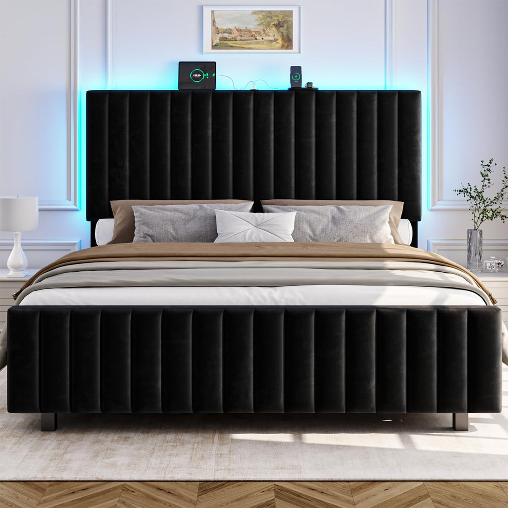 Queen Size Velvet Upholstered Platform Bed Frame with Adjustable Headboard K7926