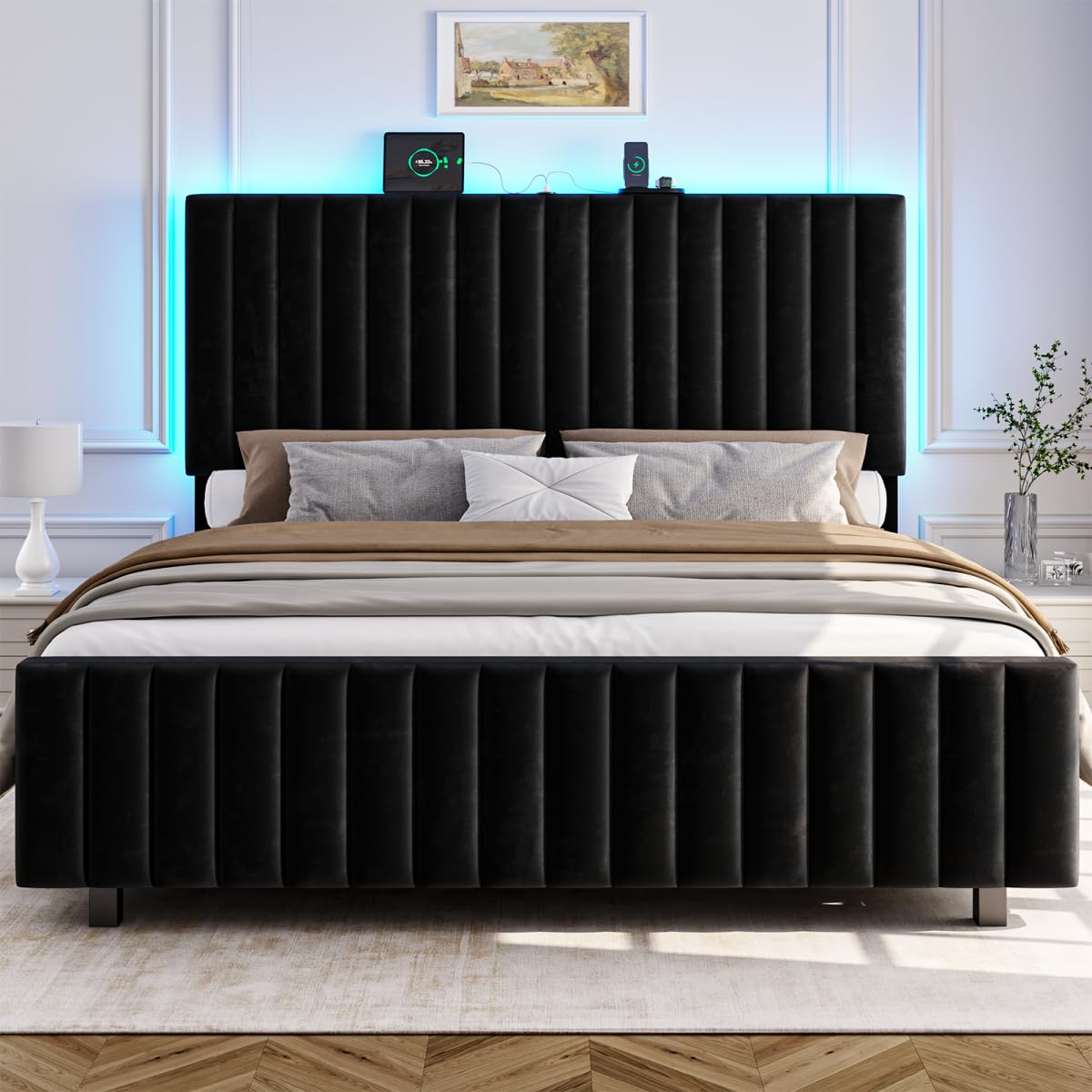 Queen Size Velvet Upholstered Platform Bed Frame with Adjustable Headboard K7926
