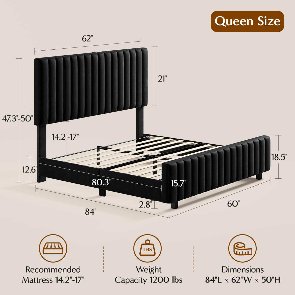 Queen Size Velvet Upholstered Platform Bed Frame with Adjustable Headboard K7926