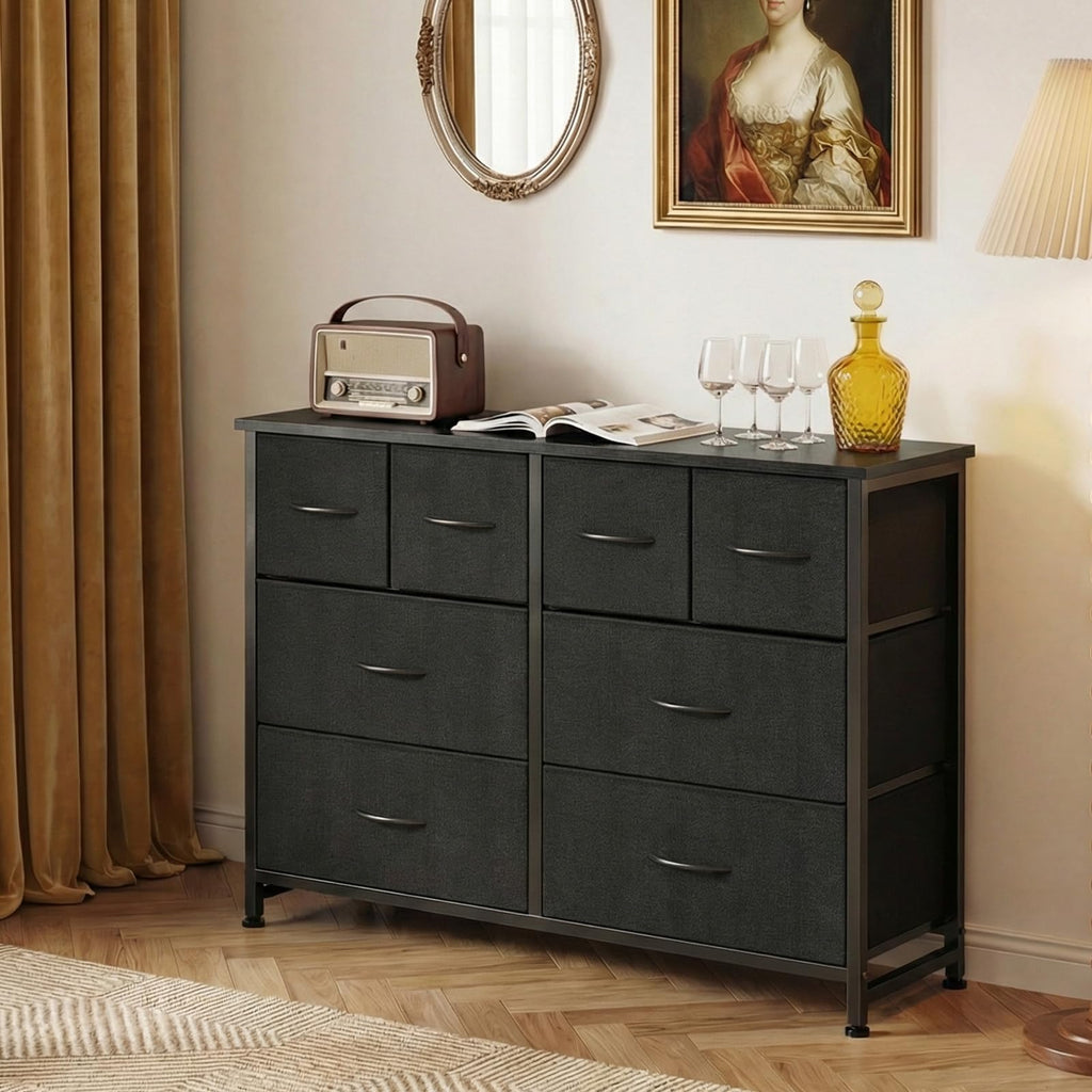Black 8 Fabric Drawer Dresser with Wood Top W932