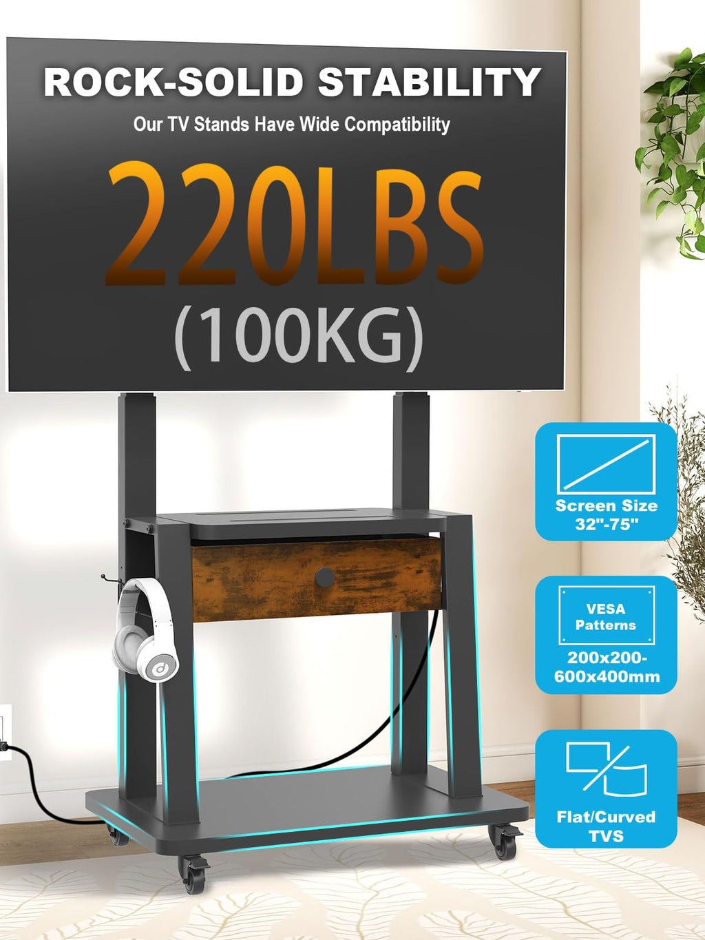 Rolling TV Stand with Power Outlet and Fabric Drawer for 32-75 Inch Flat/Curved Screen Z46842