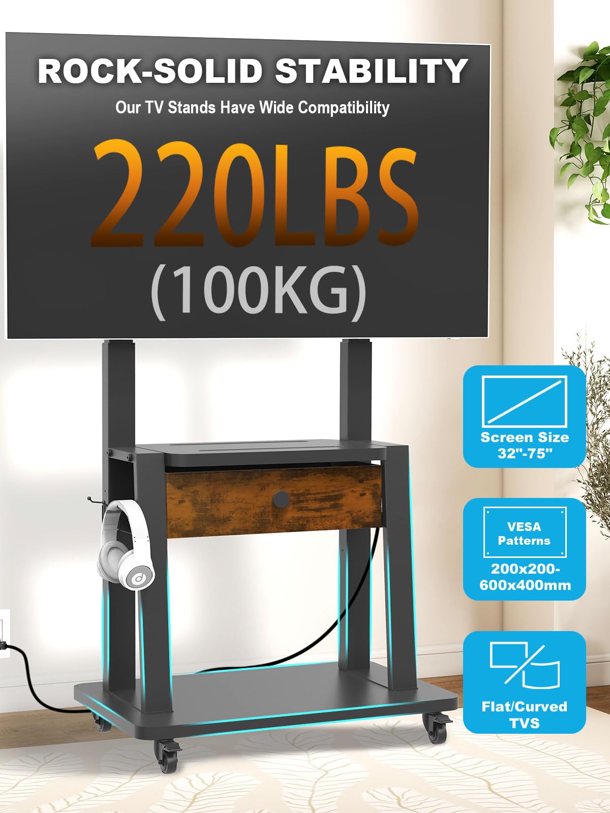 Rolling TV Stand with Power Outlet and Fabric Drawer for 32-75 Inch Flat/Curved Screen Z46842
