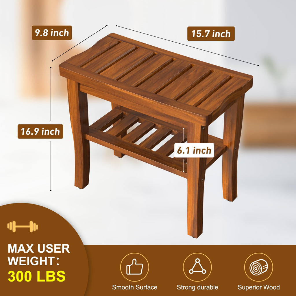 Teak Wood Shower Bench Stool with Storage Shelf U601751