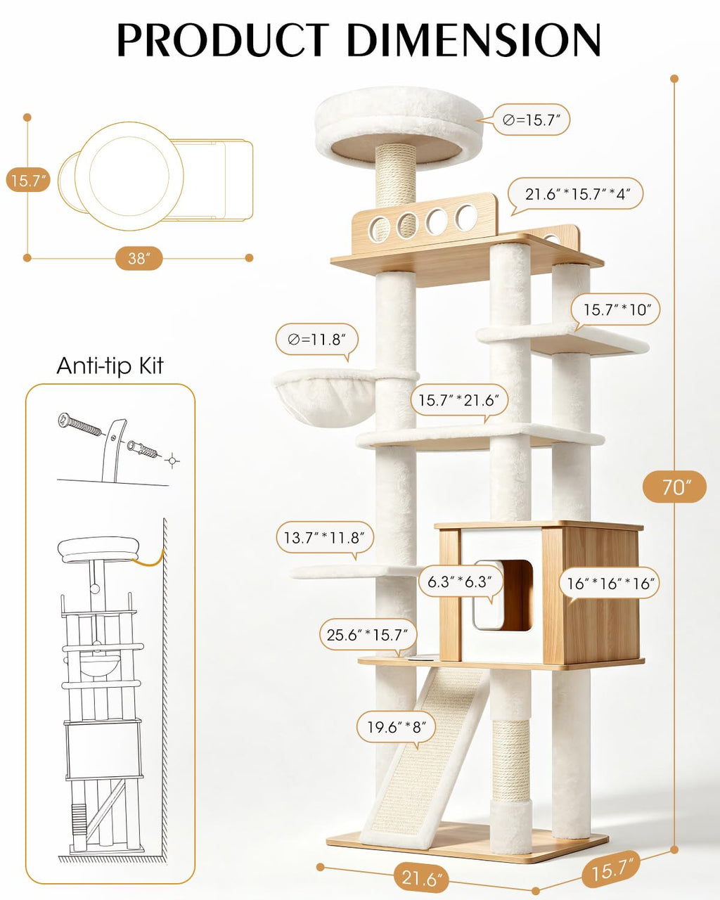 70" Wood Cat Tree for Large Cats G879225