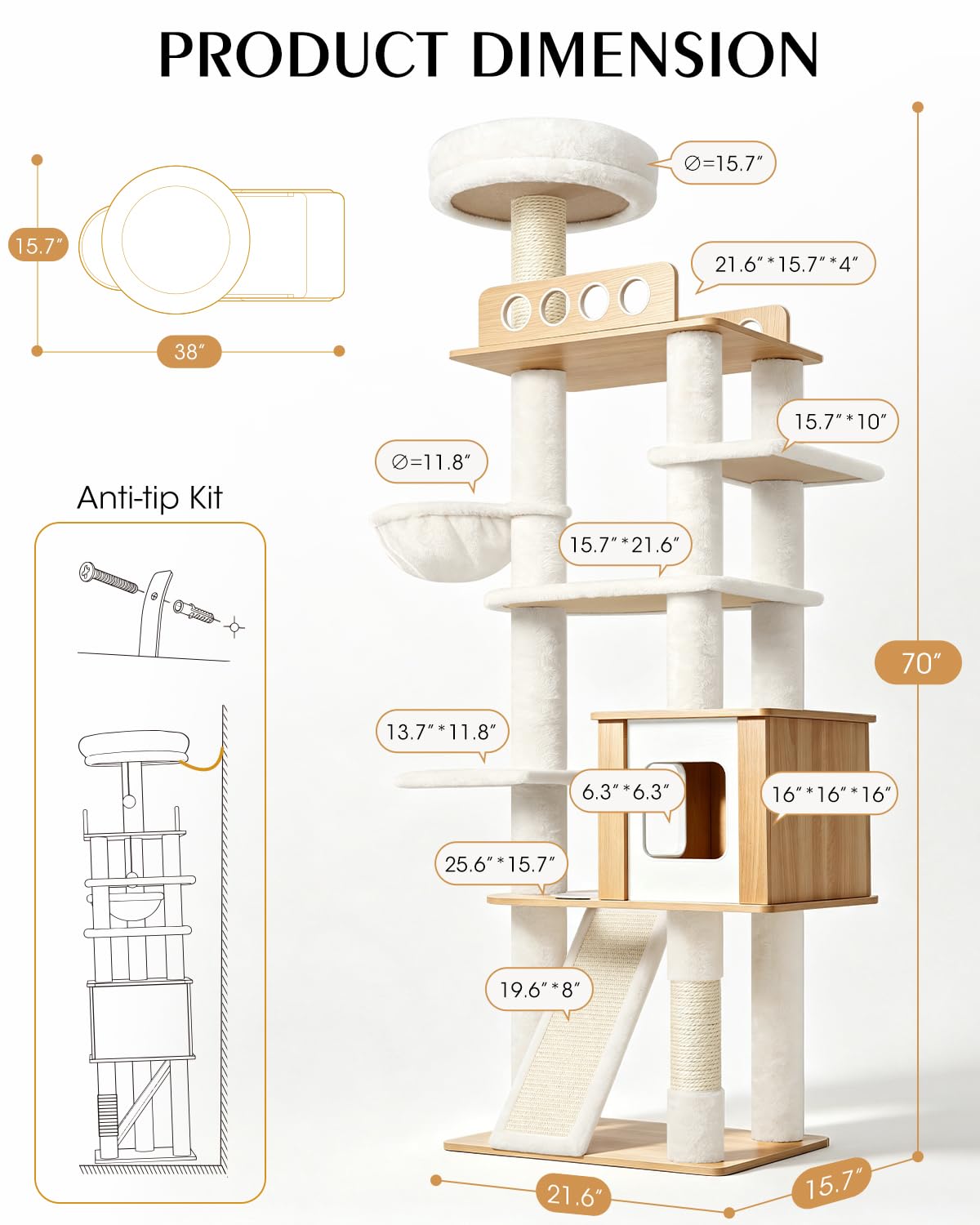 70" Wood Cat Tree for Large Cats G879225
