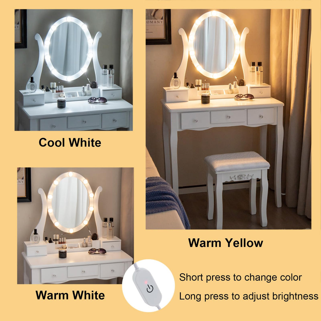 White Makeup Vanity Table with Lighted Mirror and Stool T5990