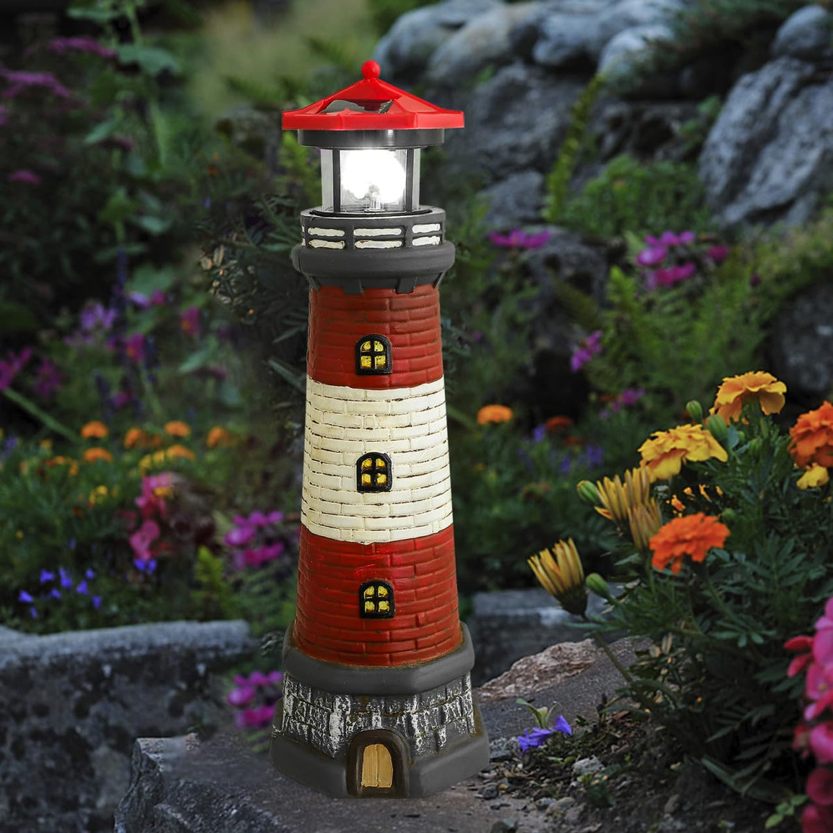 Solar Lighthouse with Rotating LED Lights 15 Inch Tall U78048