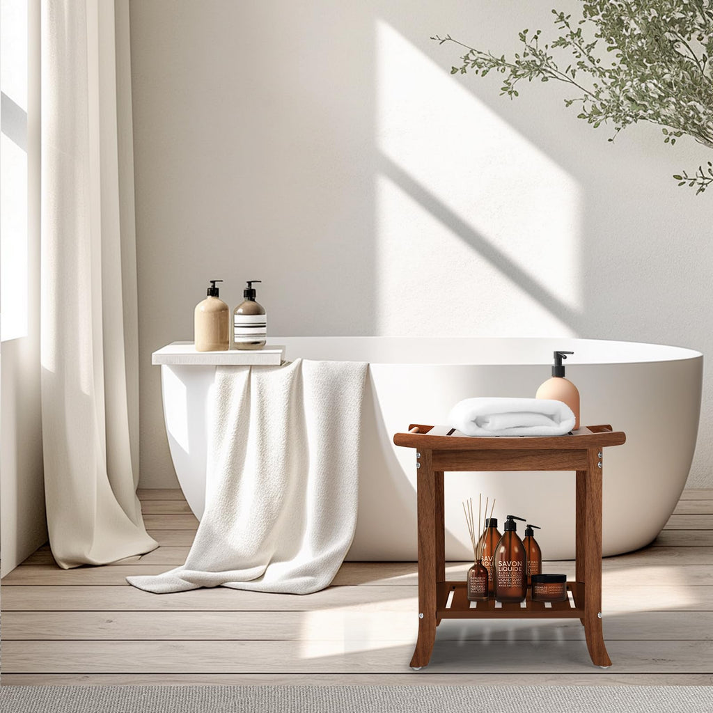 Teak Waterproof Shower Bench with Storage Shelf E925