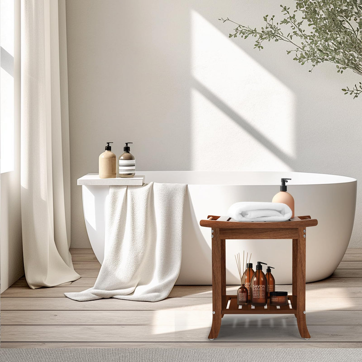 Teak Waterproof Shower Bench with Storage Shelf E925