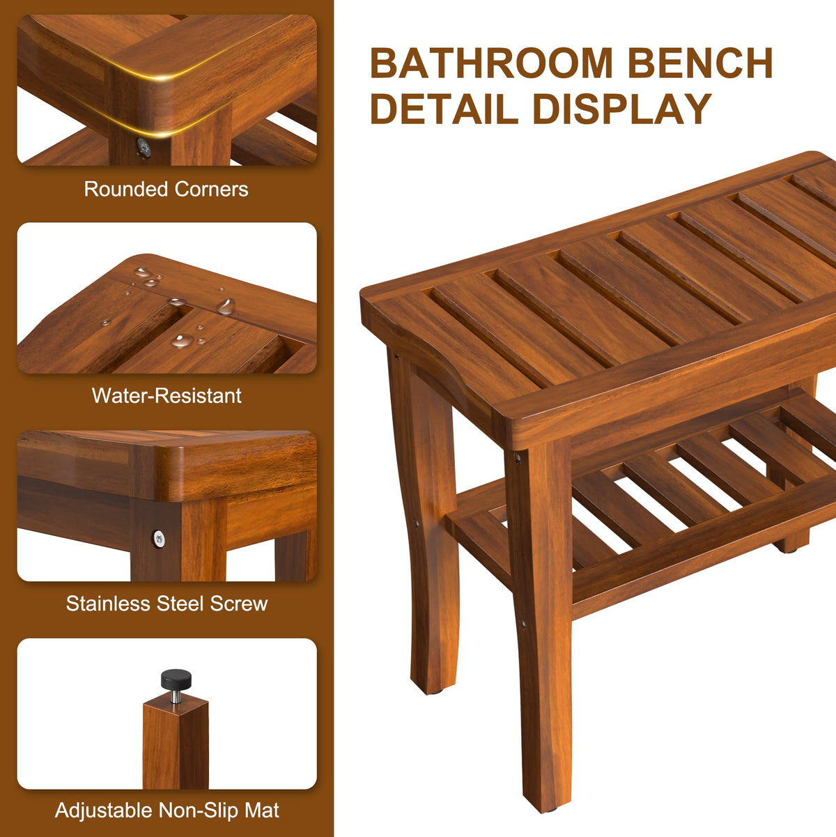 Teak Wood Shower Bench Stool with Storage Shelf U601751