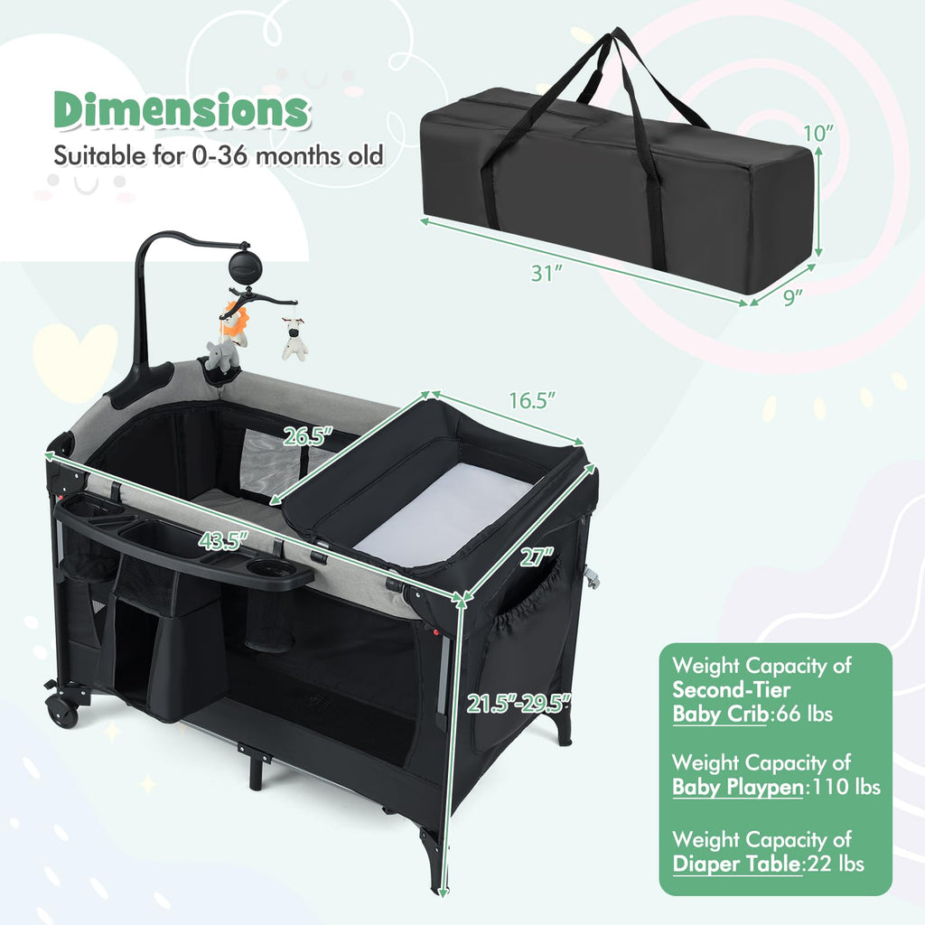 6-in-1 Pack and Play with Bassinet and Changing Table, Black C7744