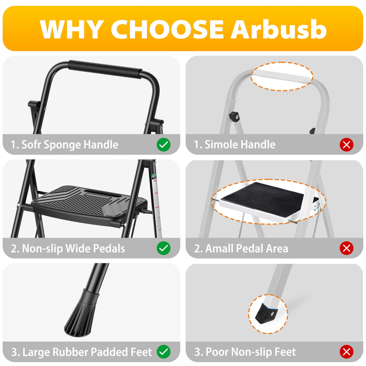 Folding Steel 3-Step Ladder with Handrail W76998