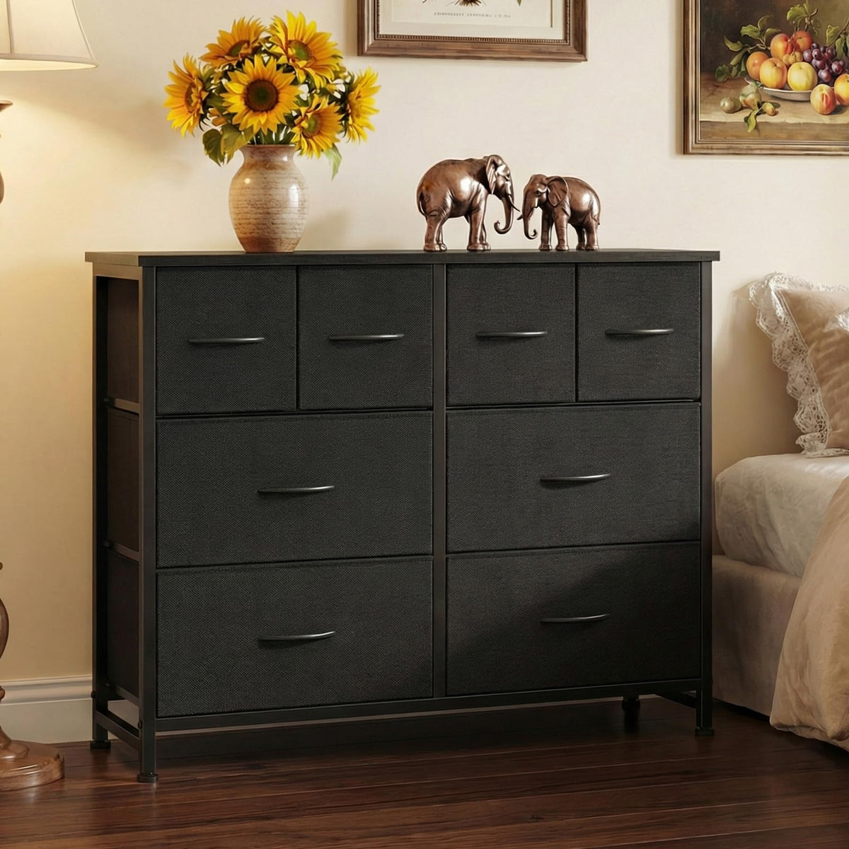 Black 8 Fabric Drawer Dresser with Wood Top W932