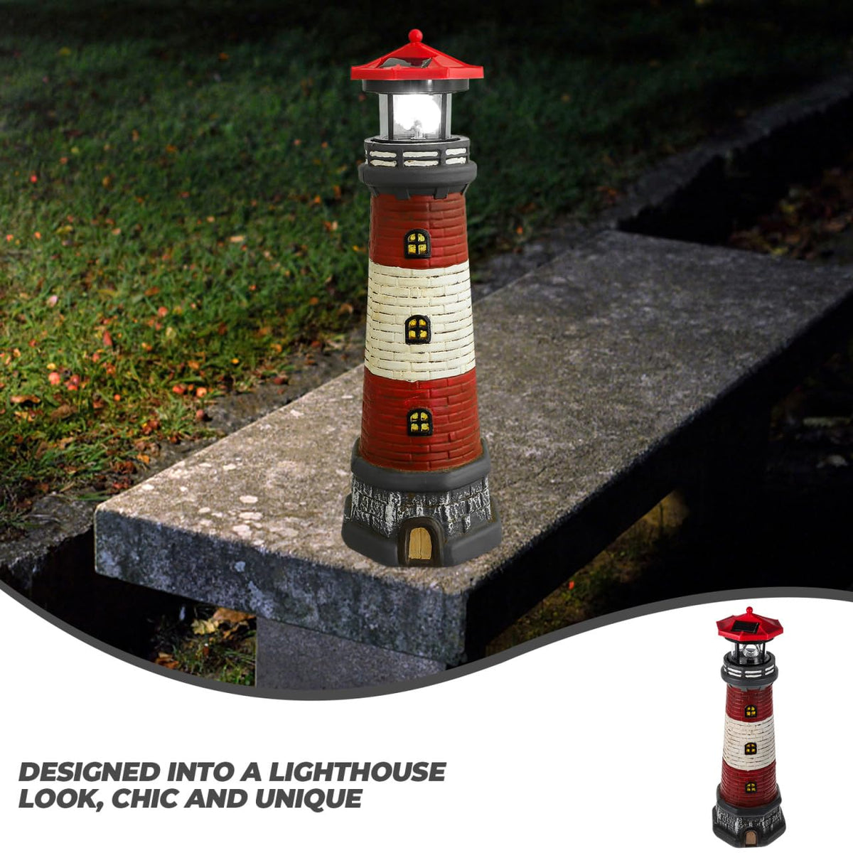 Solar Lighthouse with Rotating LED Lights 15 Inch Tall U78048