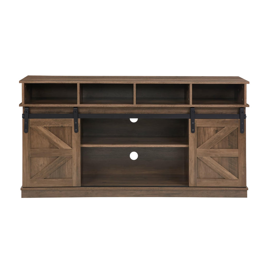 Natural Brown Wood TV Stand with Sliding Barn Door R9490