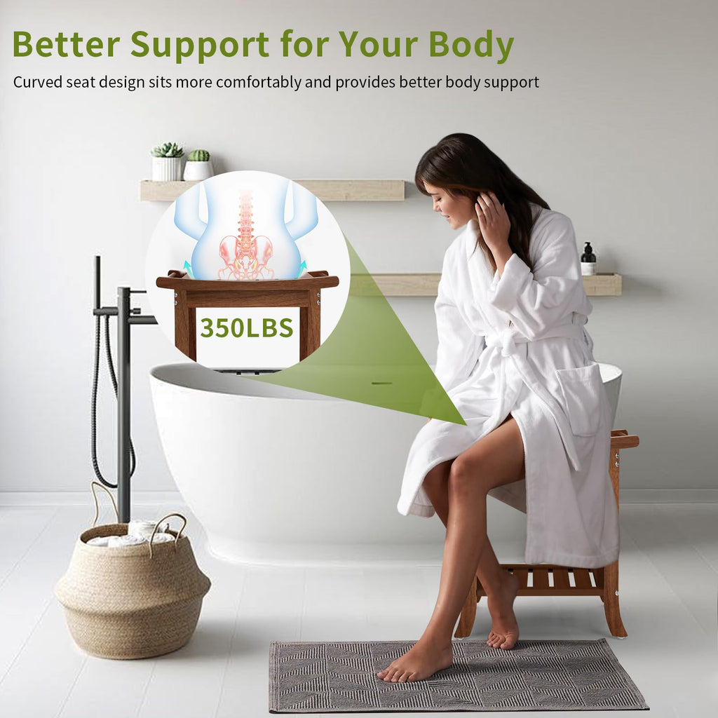 Teak Waterproof Shower Bench with Storage Shelf E925