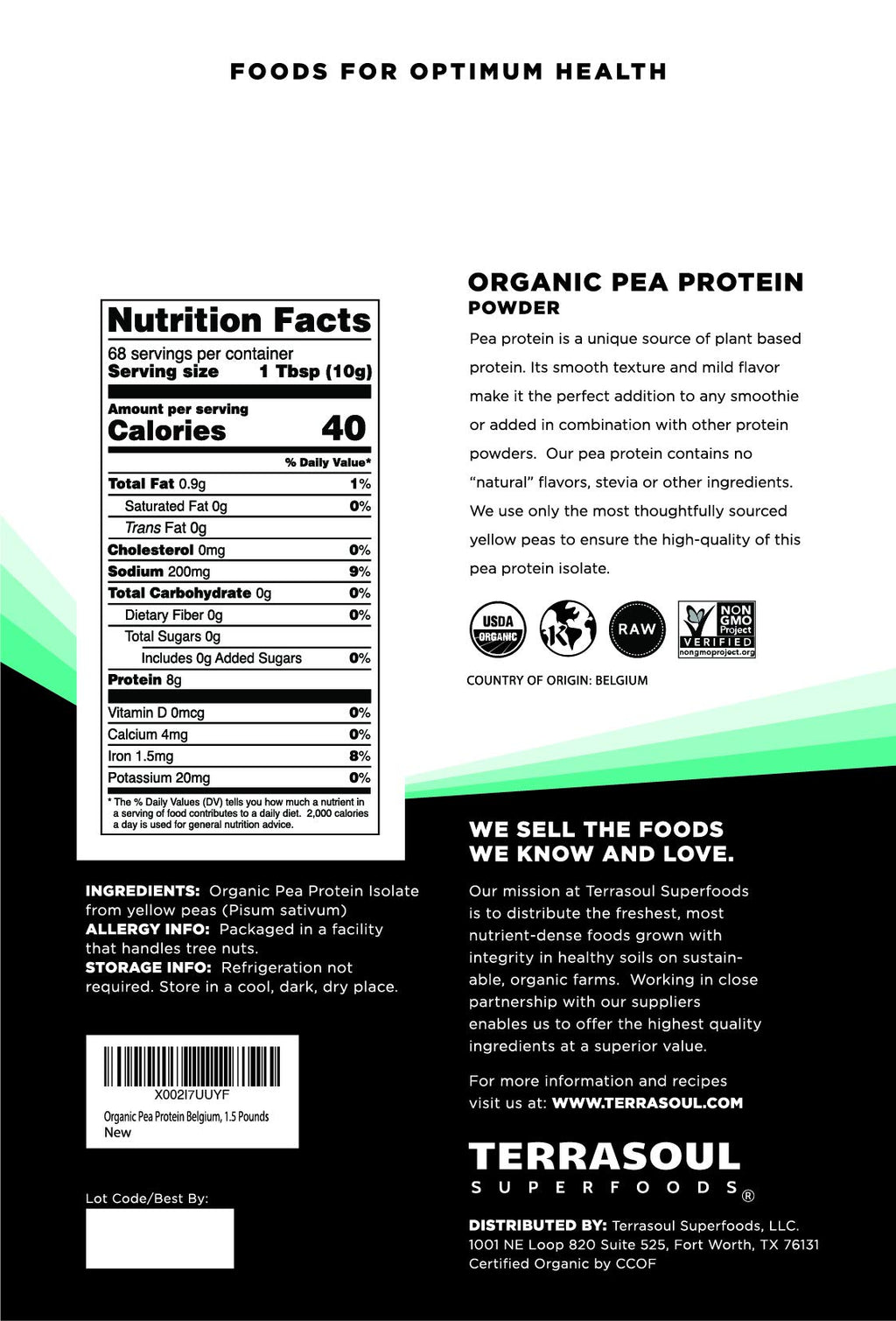 Organic Pea Protein, 1.5 Lbs Unflavored G4355