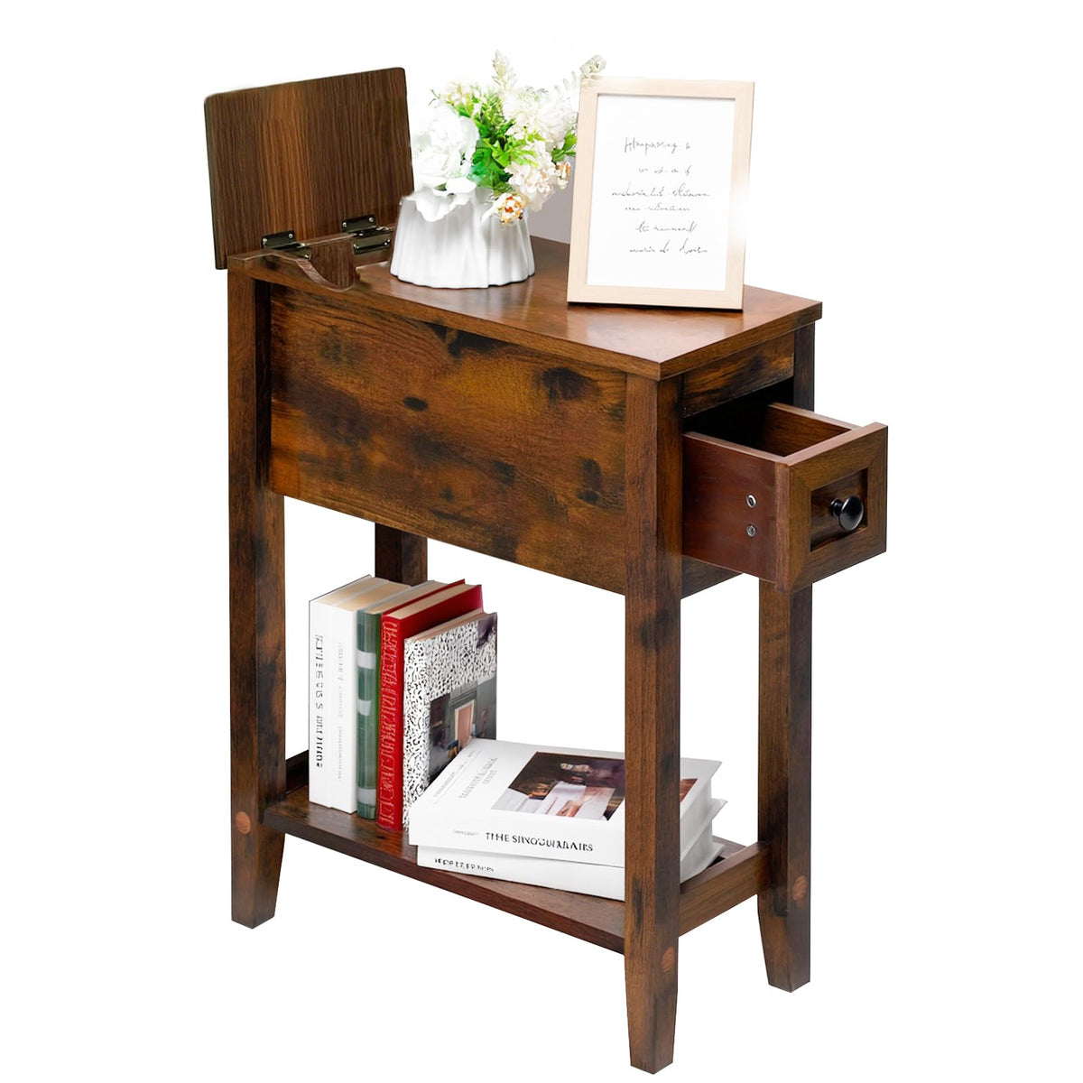 Cherry Chairside Table with Charger and Storage Cabinet A20144