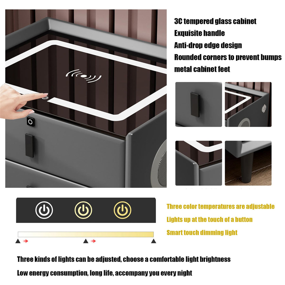 Wooden Nightstand with Wireless Charging Station, USB Port, LED Lights and Fingerprint Lock Drawers I65861