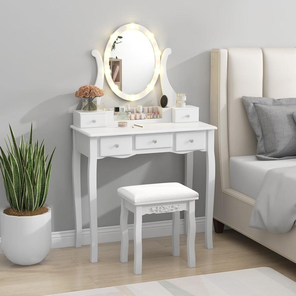White Makeup Vanity Table with Lighted Mirror and Stool T5990