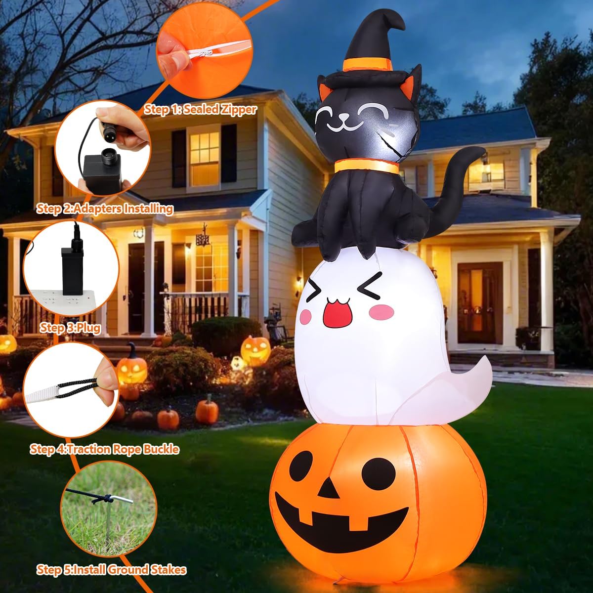 6 FT Halloween Inflatables Pumpkin Ghost Cat Outdoor Decorations T3053