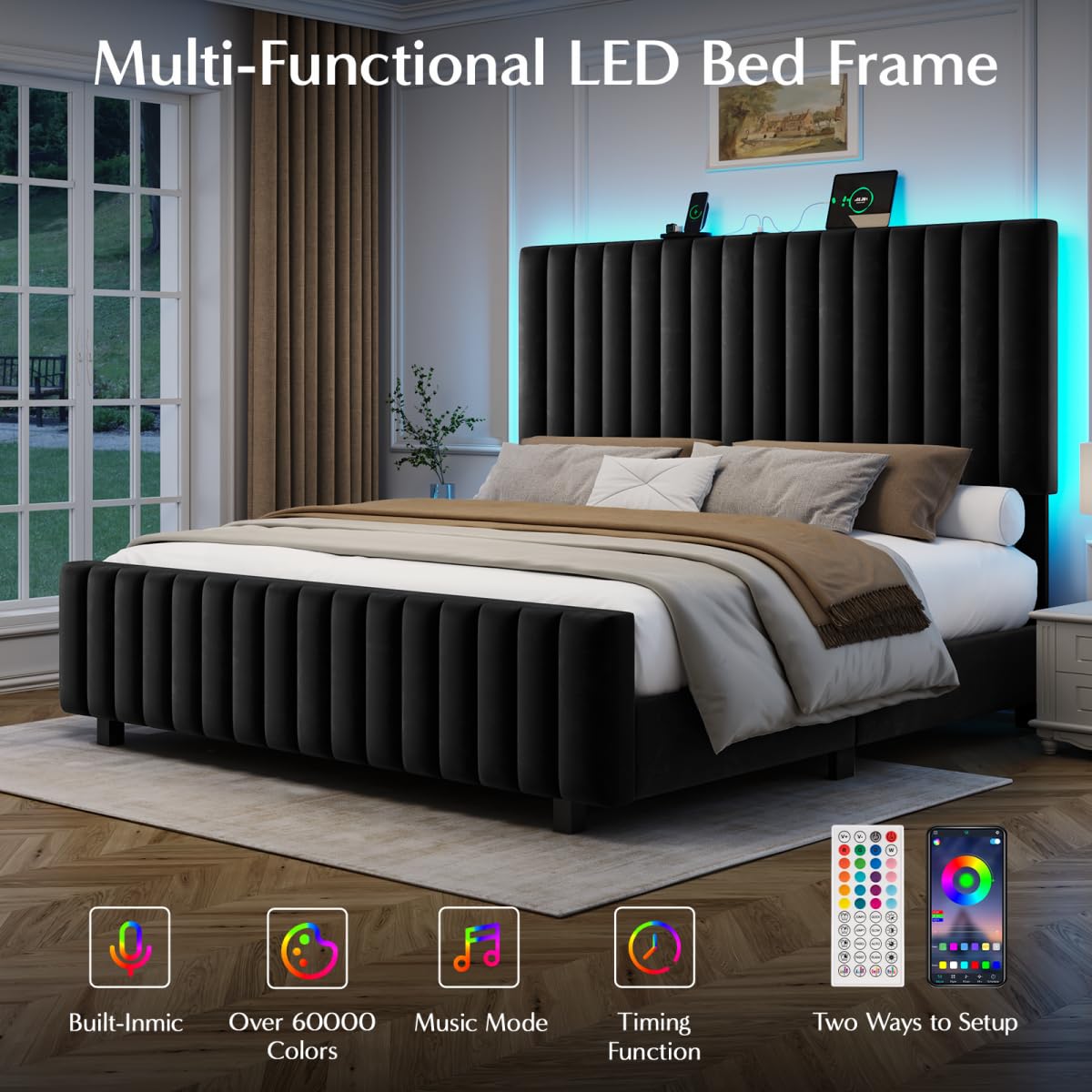 Queen Size Velvet Upholstered Platform Bed Frame with Adjustable Headboard K7926