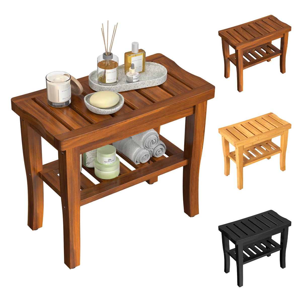 Teak Wood Shower Bench Stool with Storage Shelf U601751