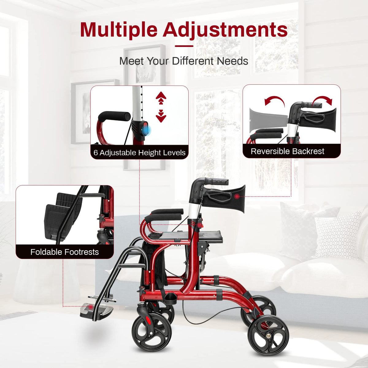 2 in 1 Folding Rollator Walker with Seat and 8" Wheels N613