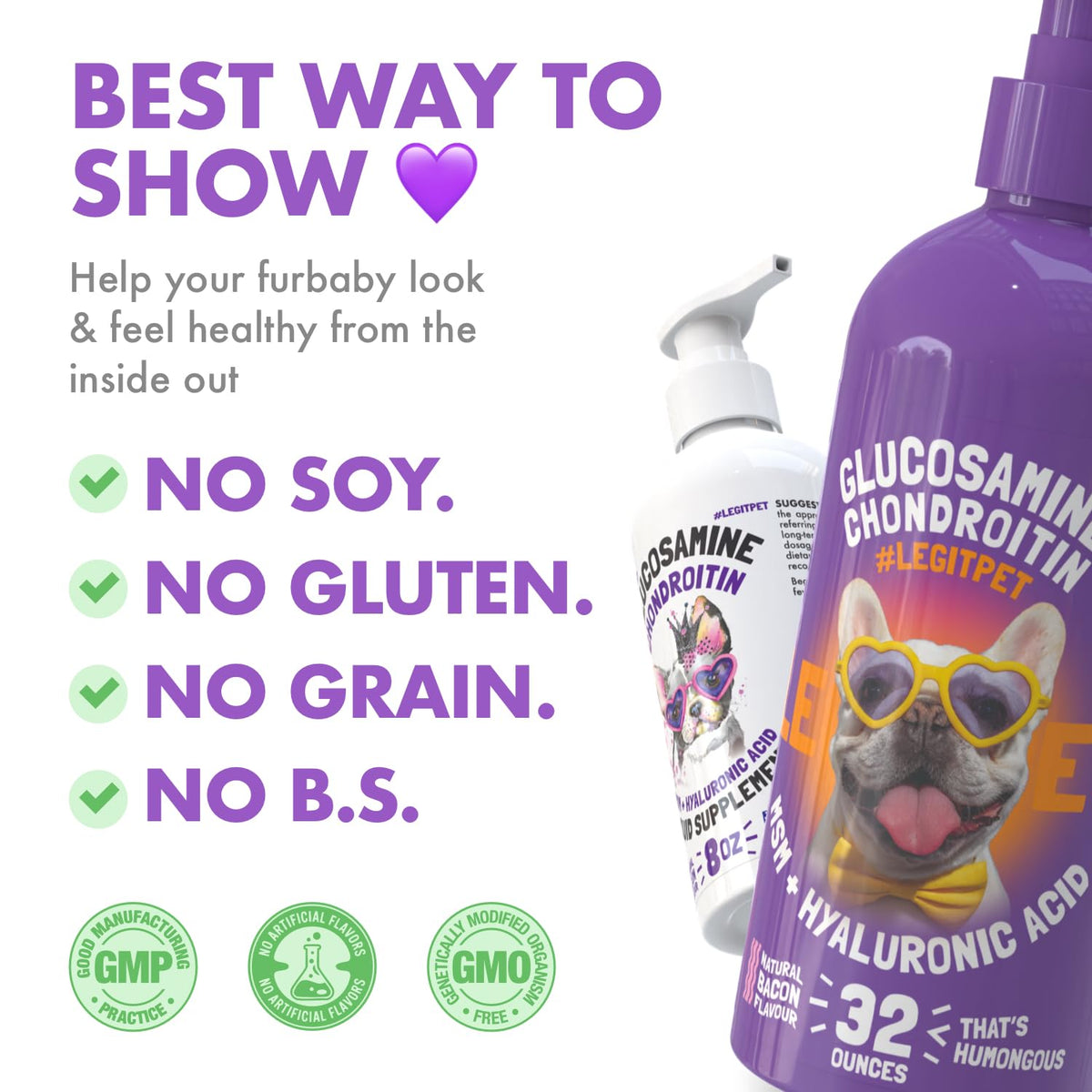 Liquid Glucosamine Chondroitin MSM Hyaluronic Acid Bacon Flavor Dog Supplement 32 oz Y42953