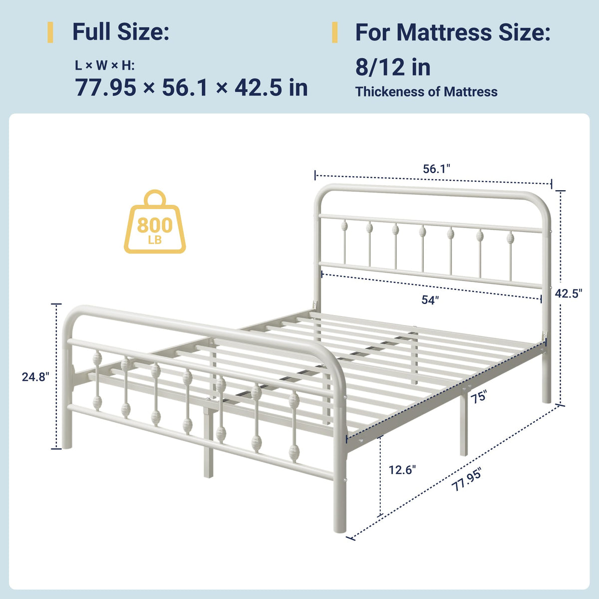 14 Inches Full Size Off White Metal Platform Bed Frame K127