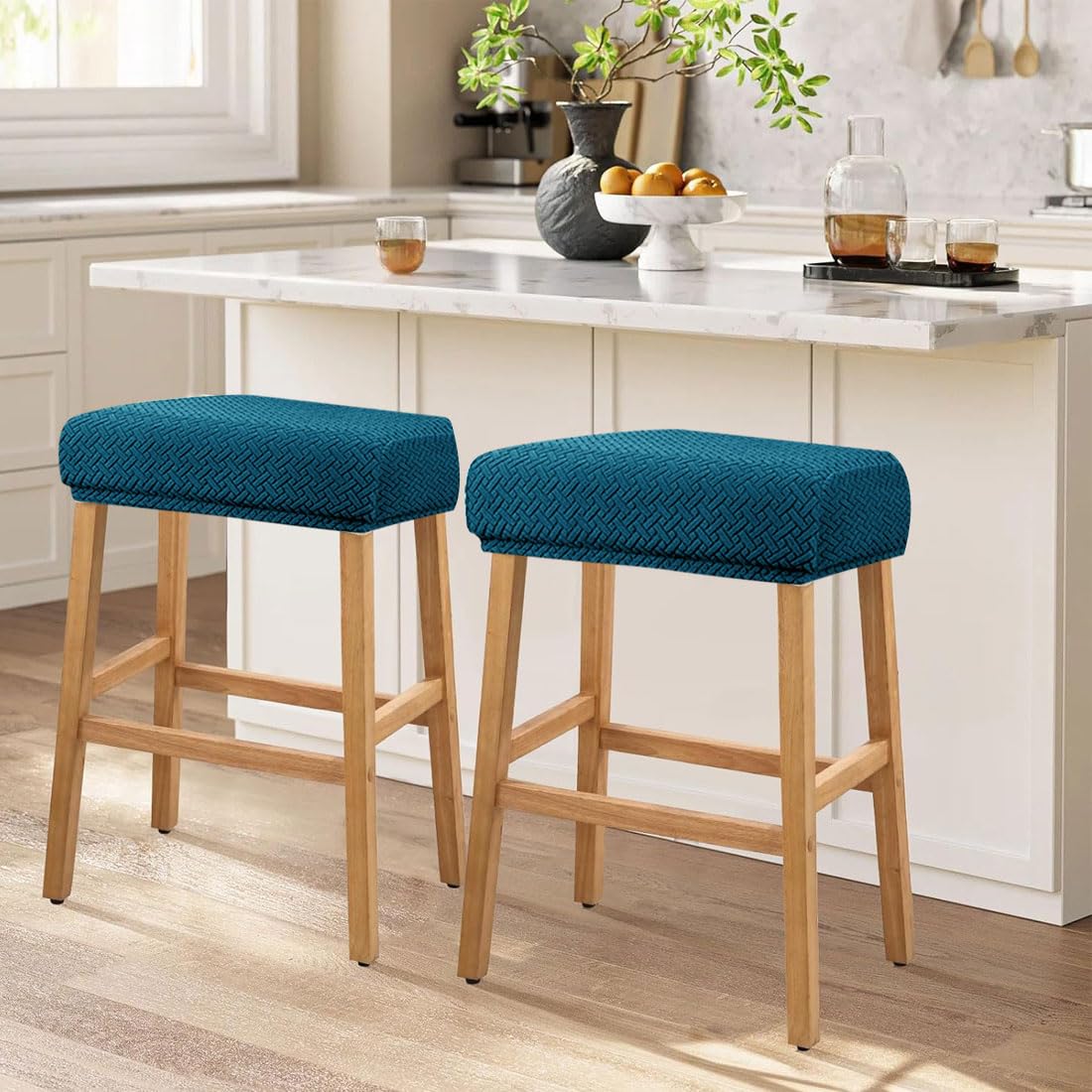 Set of 4 Deep Teal Jacquard Stretch Stool Covers Y180